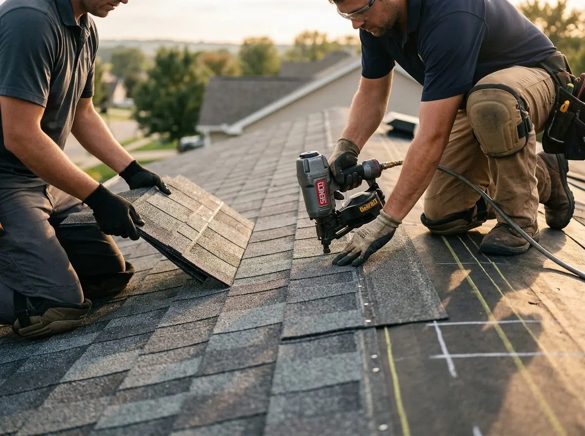 Professional roofer working on a residential roof in Pound Ridge